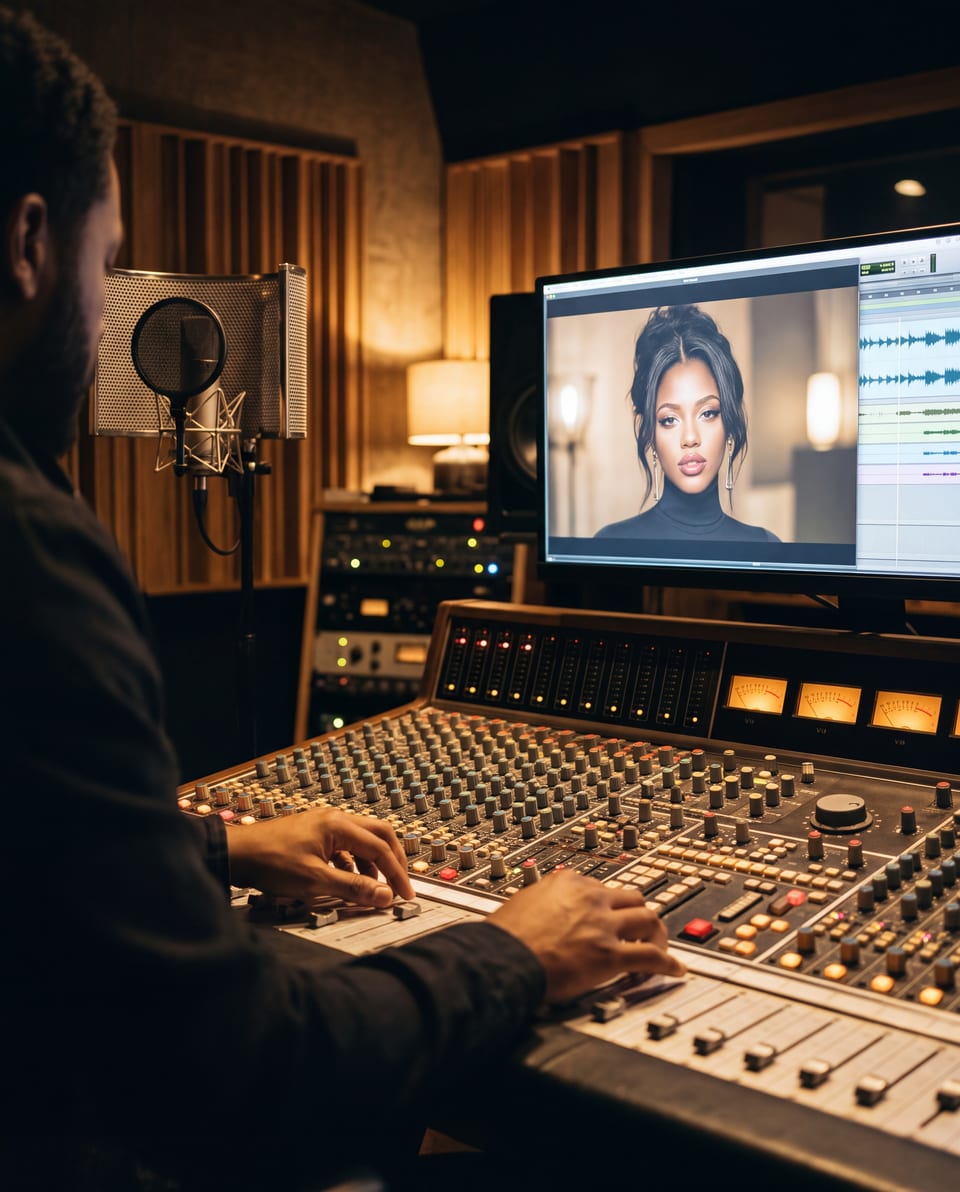 A mix engineer at the console, with Lea Babi on the studio screen