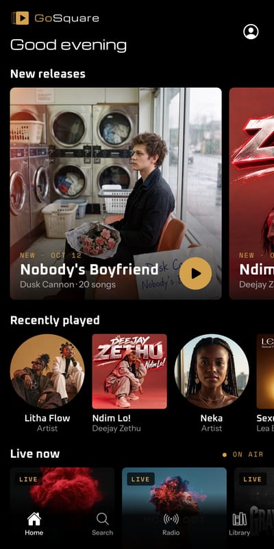 Home: new releases, recently played and live channels