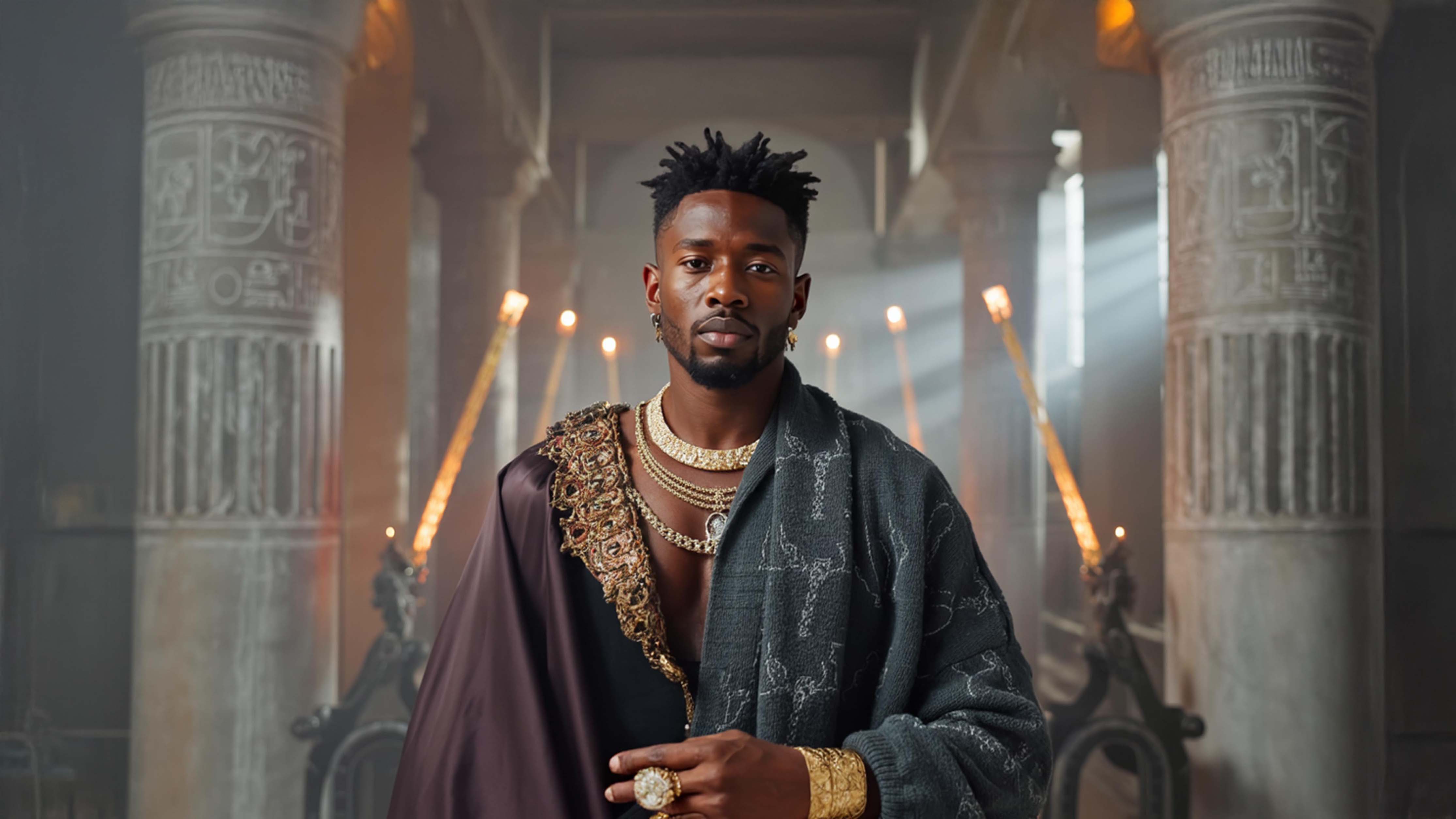 Danni Blaze - Afrobeat artist in ornate regal attire with gold jewelry in classical setting