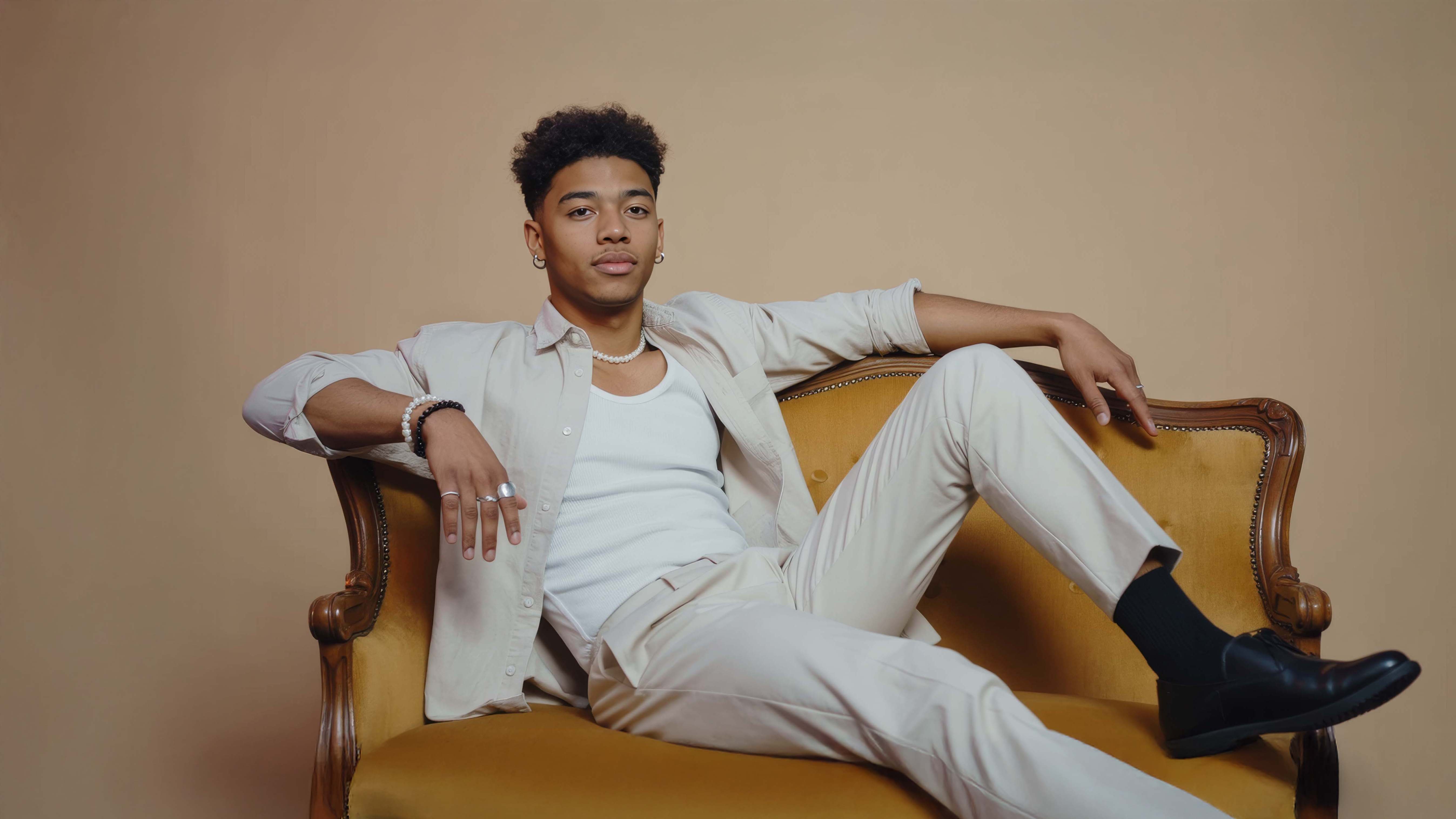 Lucas - R&B/Rap artist in cream suit on vintage yellow chair