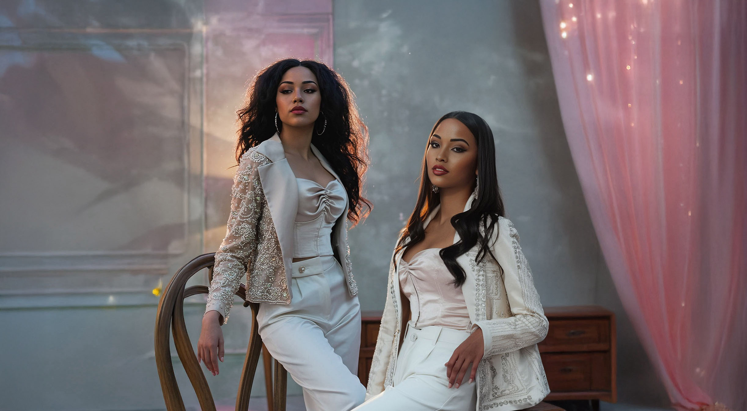 Lunah - Glamorous duo in elegant white outfits with sparkly details